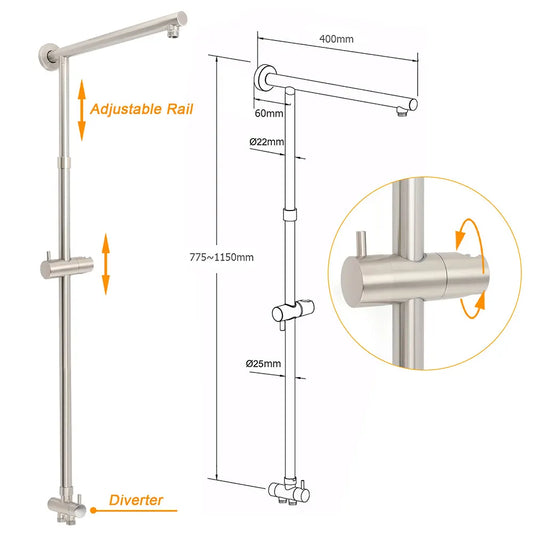Brushed Nickel Round 12" Rainfall Head Shower Handheld Sliding Rail Arm Mixer 2in1 Set - Image 3