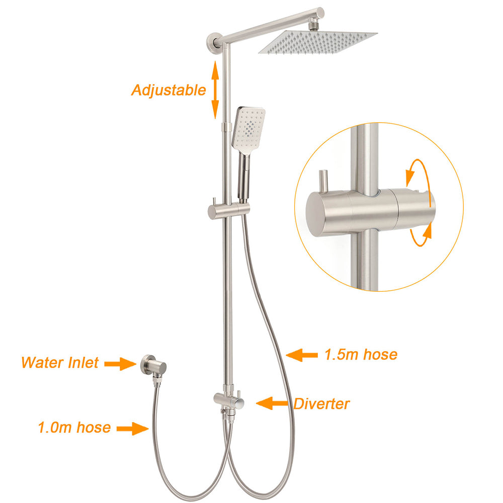 Brushed Nickel 8" Rain Head Shower Square 3 Modes Handheld Sliding Rail Arm Mixer Dual Set - Image 2