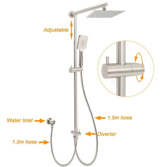 Brushed Nickel 8" Rain Head Shower Square 3 Modes Handheld Sliding Rail Arm Mixer Dual Set - Image 2