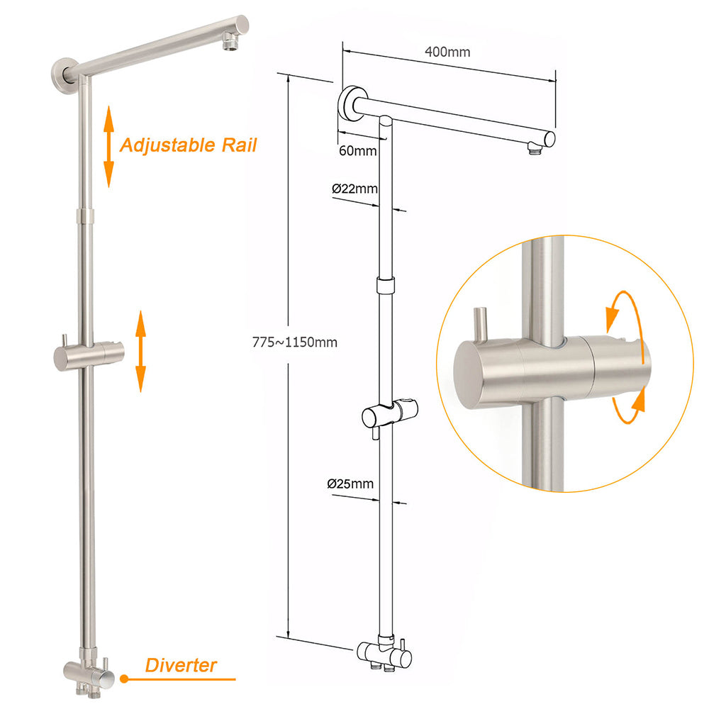 Brushed Nickel 8" Rain Head Shower Square 3 Modes Handheld Sliding Rail Arm Mixer Dual Set - Image 3