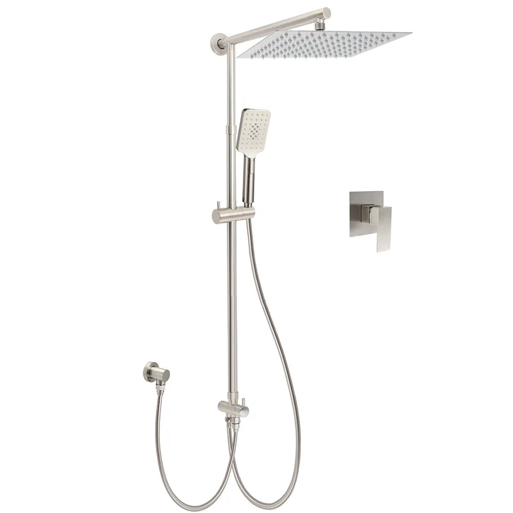 WELS Brushed Nickel 12" Rain Head Shower Square 3 Modes Handheld Sliding Rail Arm Mixer Dual Set