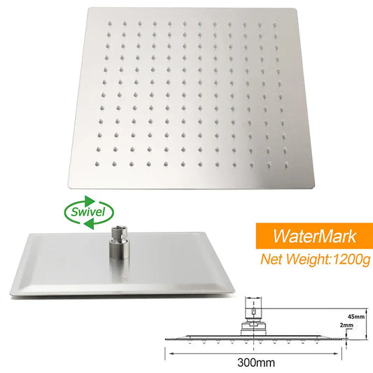 WELS Brushed Nickel 12" Rain Head Shower Square 3 Modes Handheld Sliding Rail Arm Mixer Dual Set - Image 7