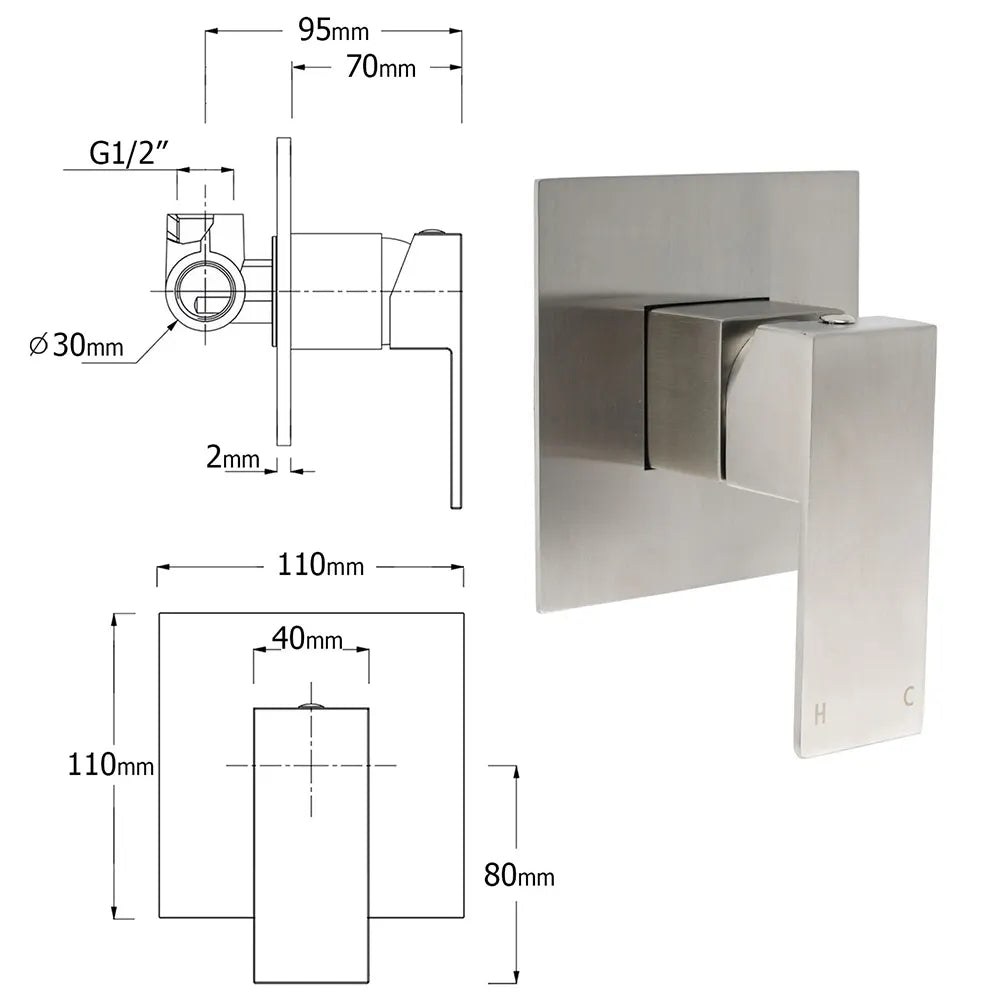 WELS Brushed Nickel 12" Rain Head Shower Square 3 Modes Handheld Sliding Rail Arm Mixer Dual Set - Image 9
