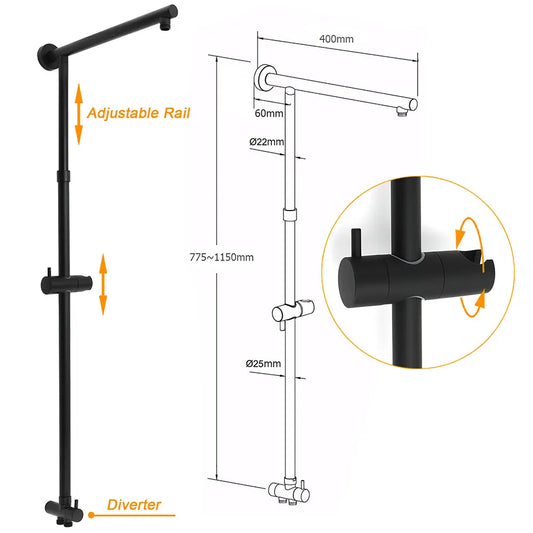 WELS Matt Black 2in1 Shower 8" Round Head Set 1 Mode Handheld Rose Sliding Rail Elbow Inlet - Image 3