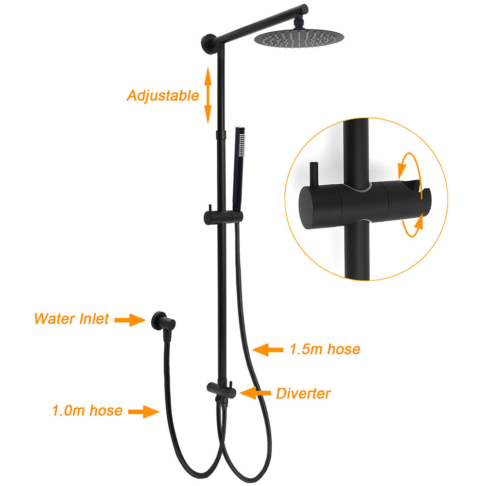 WELS Matt Black Twin Shower 8" Round Rain Head Set Sliding Rail Single Mode Handheld + Mixer - Image 2