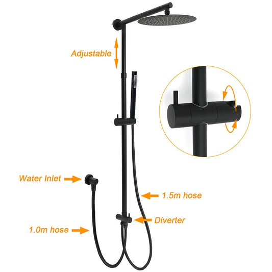 Matt Black Dual Round Shower Set 10" Rain Head Metal Handheld Sliding Rail Arm Diverter - Image 2