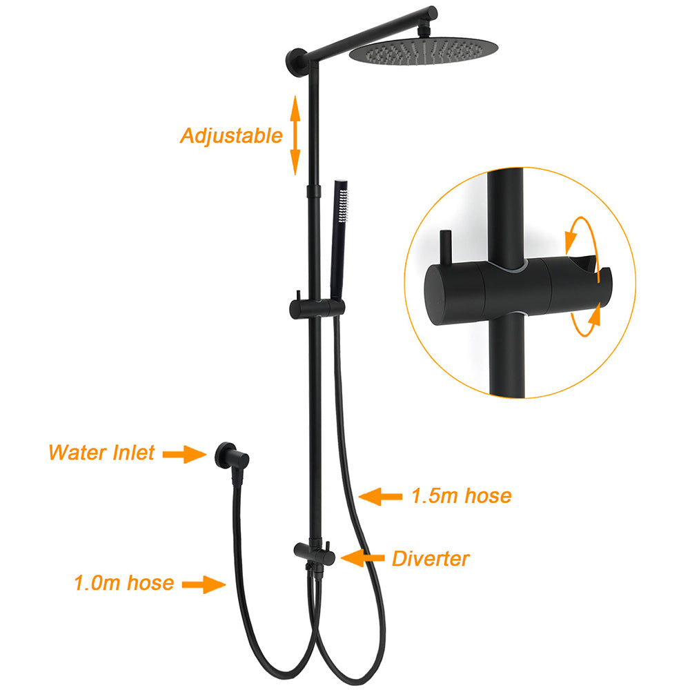Matt Black Round Dual Shower Set 10" Rain Head Metal Handheld Sliding Rail Arm Twin Taps - Image 2