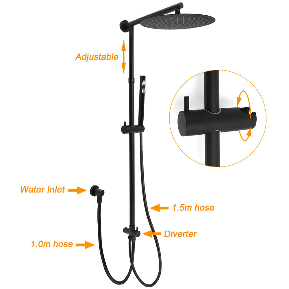 WELS Matt Black Dual 12" Round Shower Head Set Metal Handheld Rail Wall Arm Elbow Inlet Twin Taps - Image 2