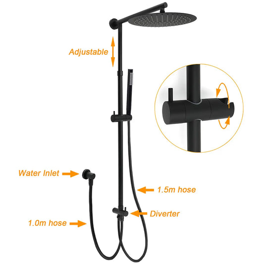 WELS Matt Black Twin Round 12" Shower Head Set Metal Handheld Flexible Rail Wall Arm Mixer - Image 2