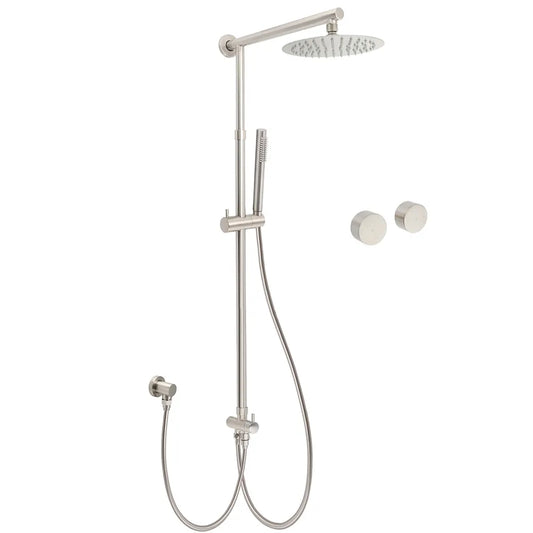 Brushed Nickel Round 8" Rain Head Shower Stainless Steel Handheld Sliding Rail Arm Chrome Set + Twin Taps