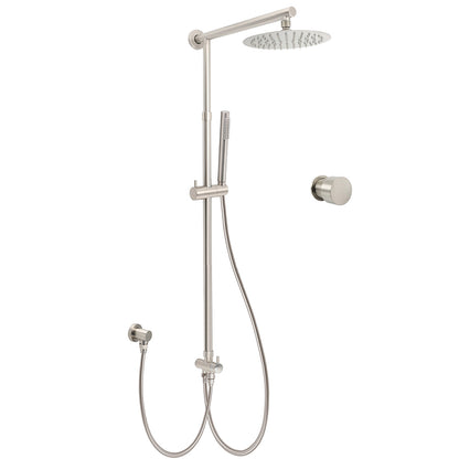 Brushed Nickel 8" Thin Rain Head Twin Shower Metal Handheld Rose Sliding Rail Arm Set With Mixer