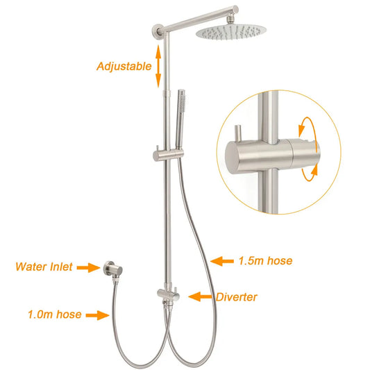 Brushed Nickel Round 8" Rain Head Shower 1 Mode Handheld Sliding Rail Arm Mixer 2in1 Set - Image 2
