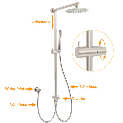 WELS Brushed Nickel Round 8" Rain Head Shower 1 Mode Handheld Sliding Rail Mixer 2in1 Set - Image 2