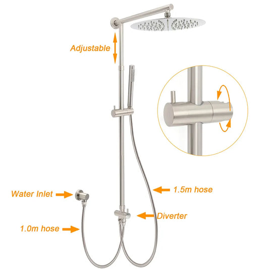 Brushed Nickel Round 12" Rain Head Shower Single Mode Handheld Sliding Rail Arm Mixer 2in1 Set - Image 2