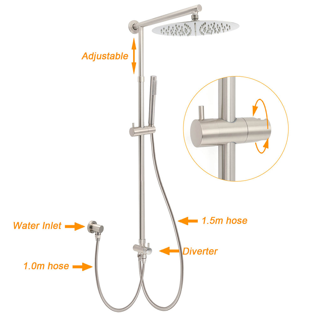 Brushed Nickel 2in1 Set Round 12" Rain Head Shower Single Mode Handheld Sliding RailWall Mixer - Image 2
