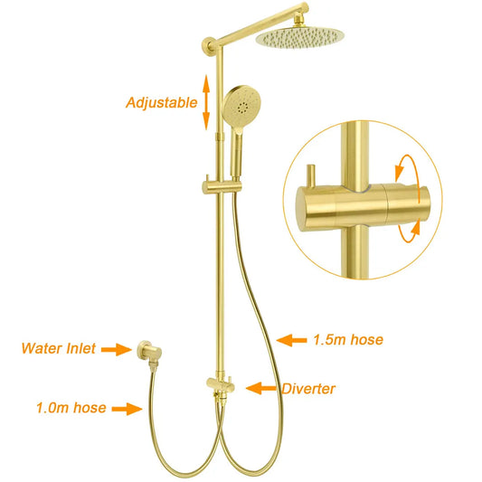 WELS Brushed Gold 8" Round Shower Head 3 Mode Handheld Rose Sliding Rail Twin Taps Set - Image 2