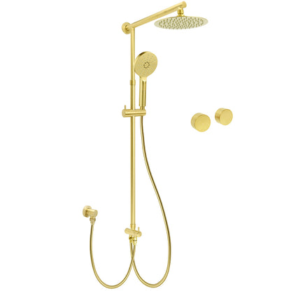 WELS Brushed Gold 2in1 Shower 8" Round Head Set 3 Mode Handheld Rose Sliding Rail Twin Taps