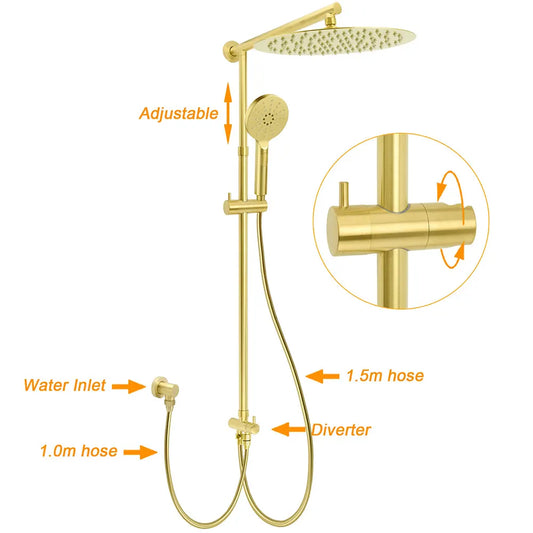 WELS Brushed Gold Round 12" Shower Head 3 Mode Handheld Rose Sliding Rail Twin Taps Set - Image 2
