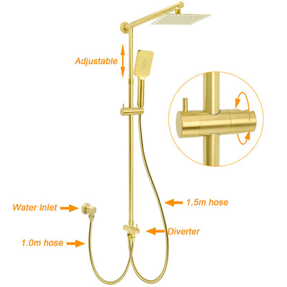 Brushed Gold Dual Square 8" Rain Shower Head 3 Mode Handheld Sliding Rail Arm Twin Taps Set - Image 2