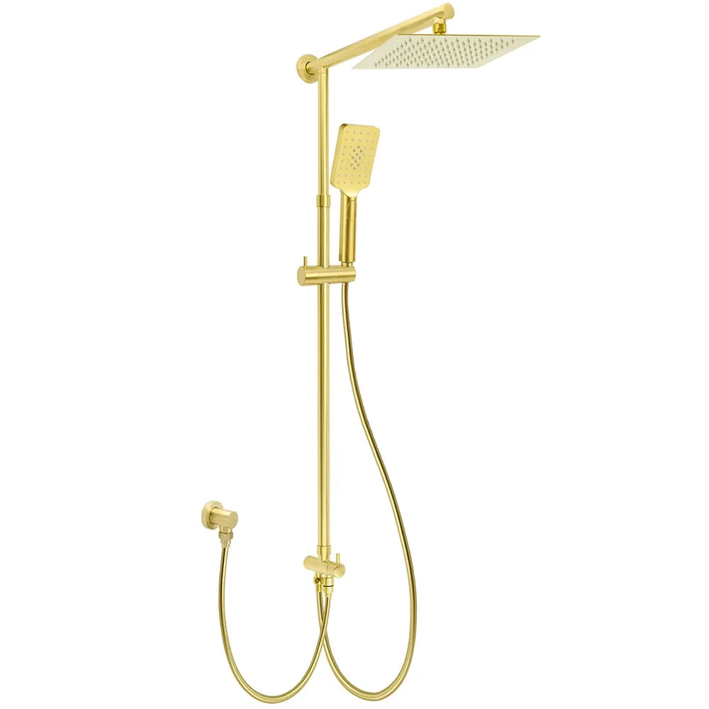 Brushed Gold Square 10" Rain Head 3 Mode Handheld Rose Sliding Rail Arm Dual Shower Set