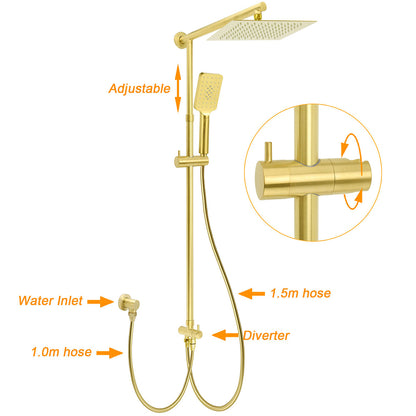 Brushed Gold Square 10" Rain Head 3 Mode Handheld Rose Sliding Rail Arm Dual Shower Set - Image 2