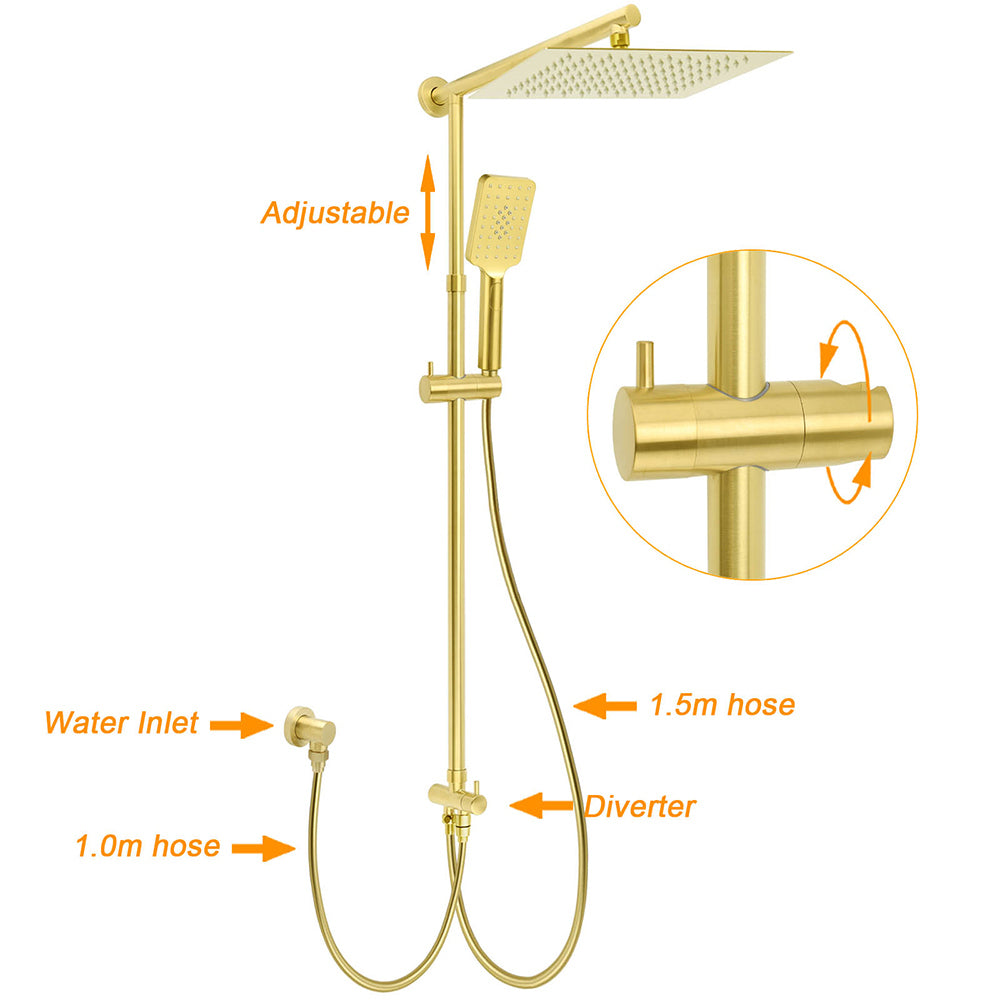 Brushed Gold Square 12" Large Rain Head 3 Mode Handheld Rose Sliding Rail Arm Twin Shower Set - Image 2