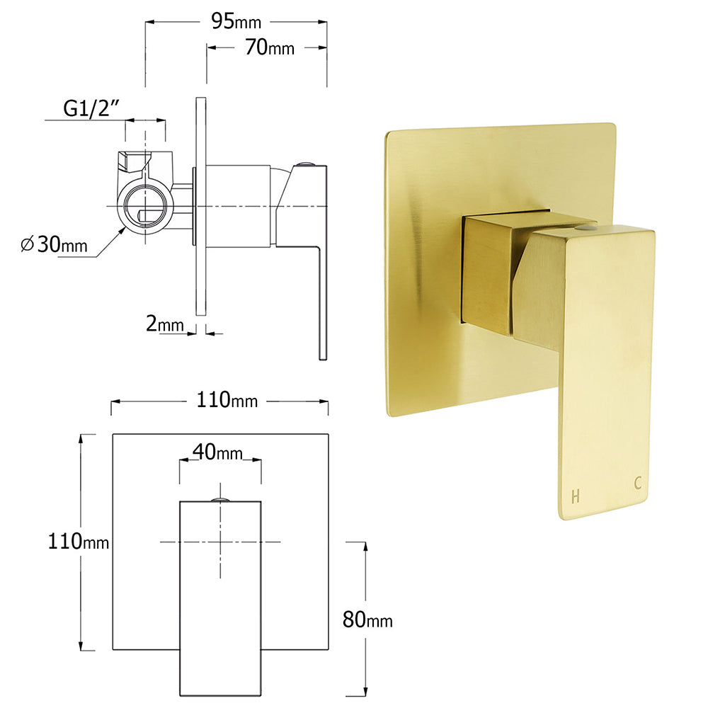 WELS Brushed Gold Square 12" Rainfall Head 3 Modes Handheld Sliding Rail Wall Mixer 2in1 Shower Set - Image 8