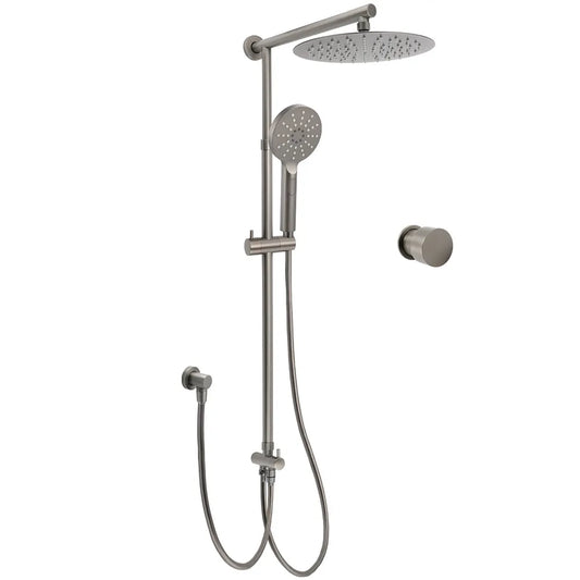 WELS Gun Metal Dual Round Shower 10" Rain Head 3 Mode Handheld Sliding Rail Arm Mixer Set