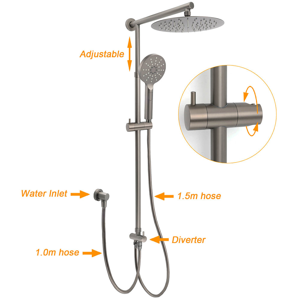 WELS Gun Metal Double Round Shower 10" Rain Head 3 Mode Handheld Sliding Rail Mixer Valve Set - Image 2