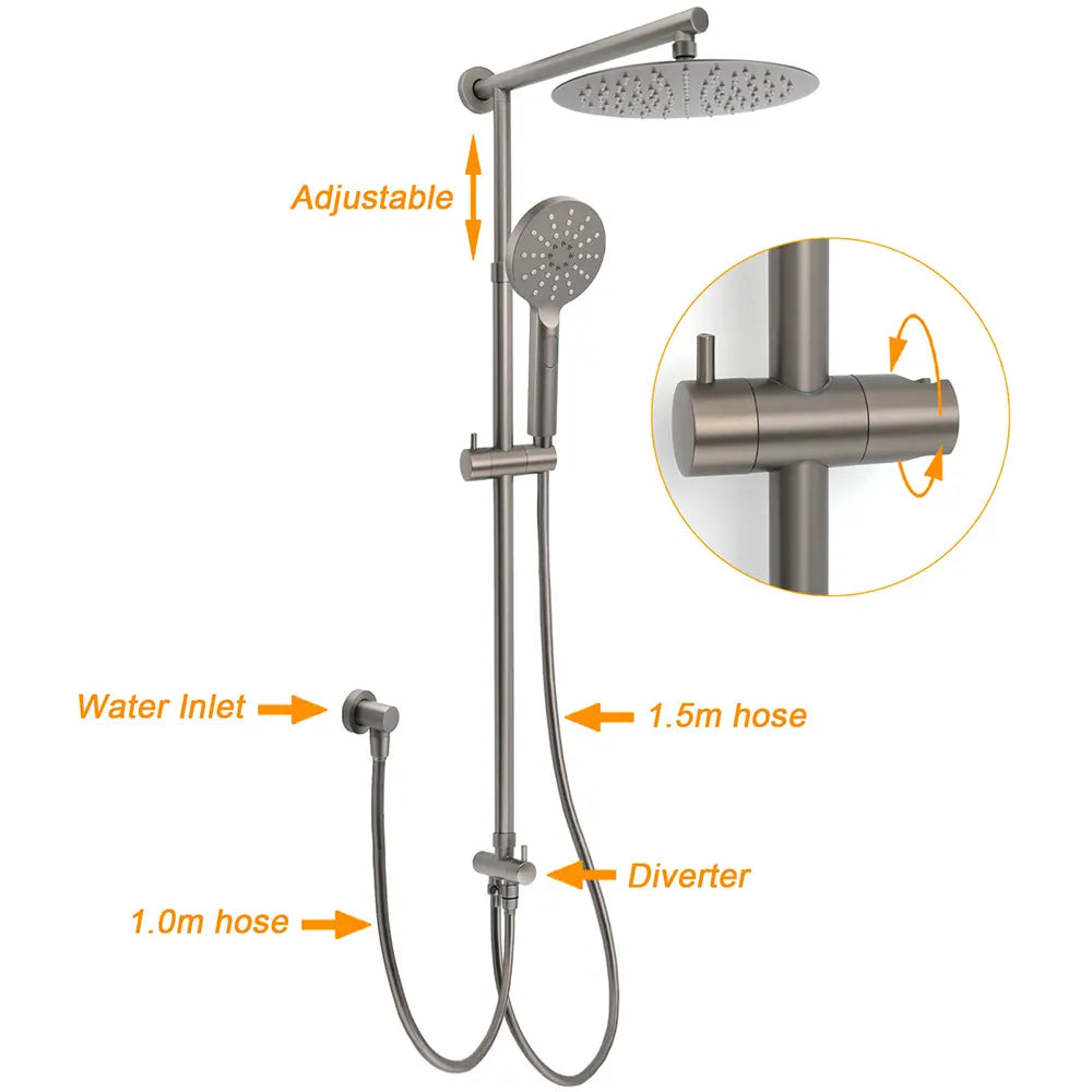 Gun Metal Round Shower 2in1 Set 10" Rain Head 3 Modes Handheld Sliding Rail Small Face Mixer - Image 2