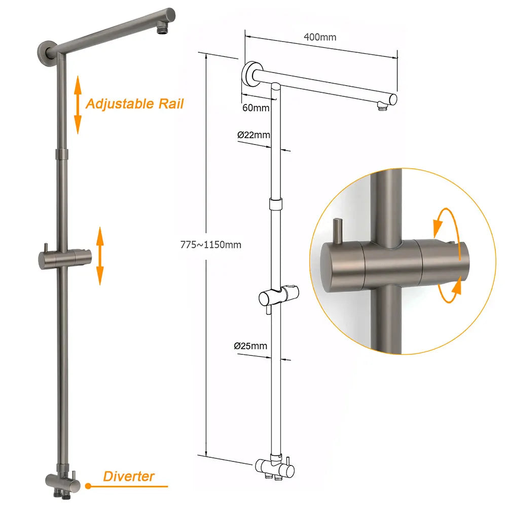 WELS Gun Metal 2in1 Shower Set Square 10" Rain Head Handheld Adjustable Silde Rail Combo - Image 3