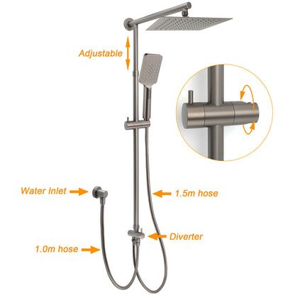 WELS Gun Metal 2in1 Shower Set Square 10" Rain Head Handheld Adjustable Silde Rail Combo - Image 7