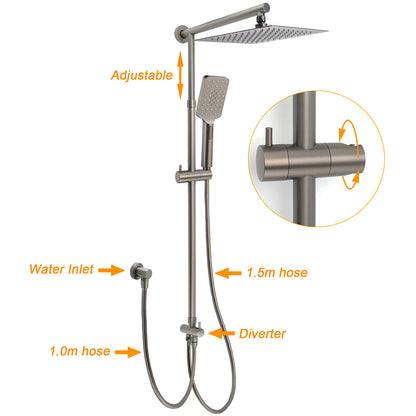WELS Gun Metal 2in1 Shower Set Square 12" Rainfall Head Handheld Adjustable Silde Rail Combo - Image 2