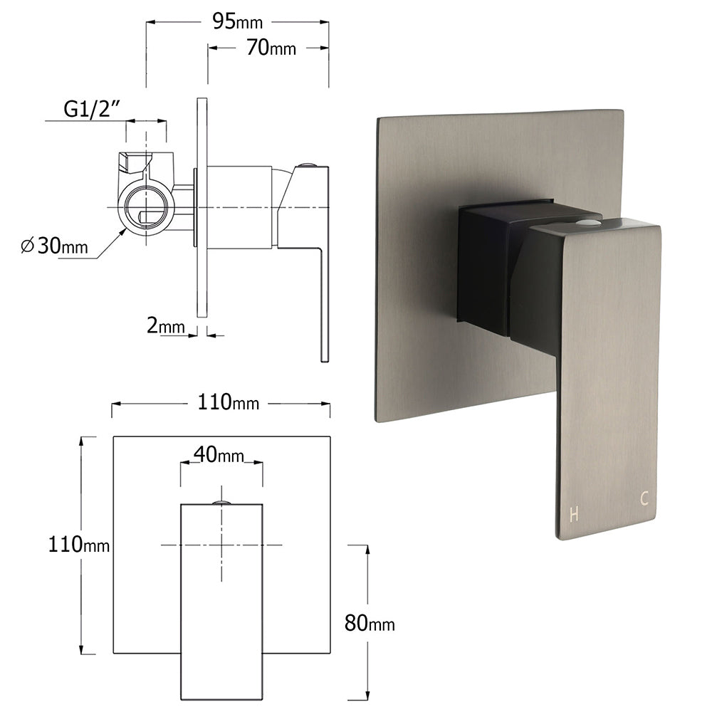 WELS Gun Metal 2in1 Shower Set Square 12" Rain Head 3 Modes Handheld Silde Rail Hot Cold Mixer - Image 7
