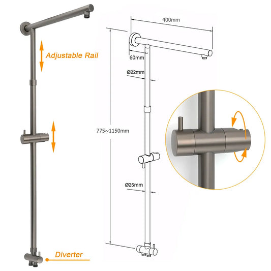 WELS Gun Metal Dual Round Shower Head 10" Rain Head Stainless Steel Handheld Sliding Rail Diverter Set - Image 3