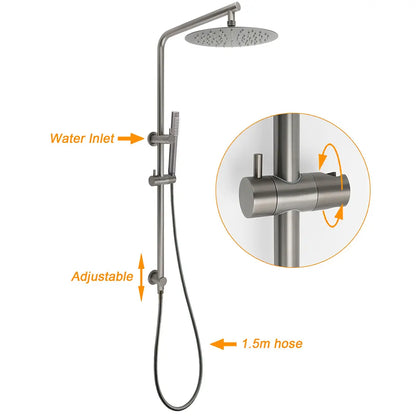 WELS Gun Metal Dual Round Shower Head 10" Rain Head Stainless Steel Handheld Sliding Rail Diverter Set - Image 2