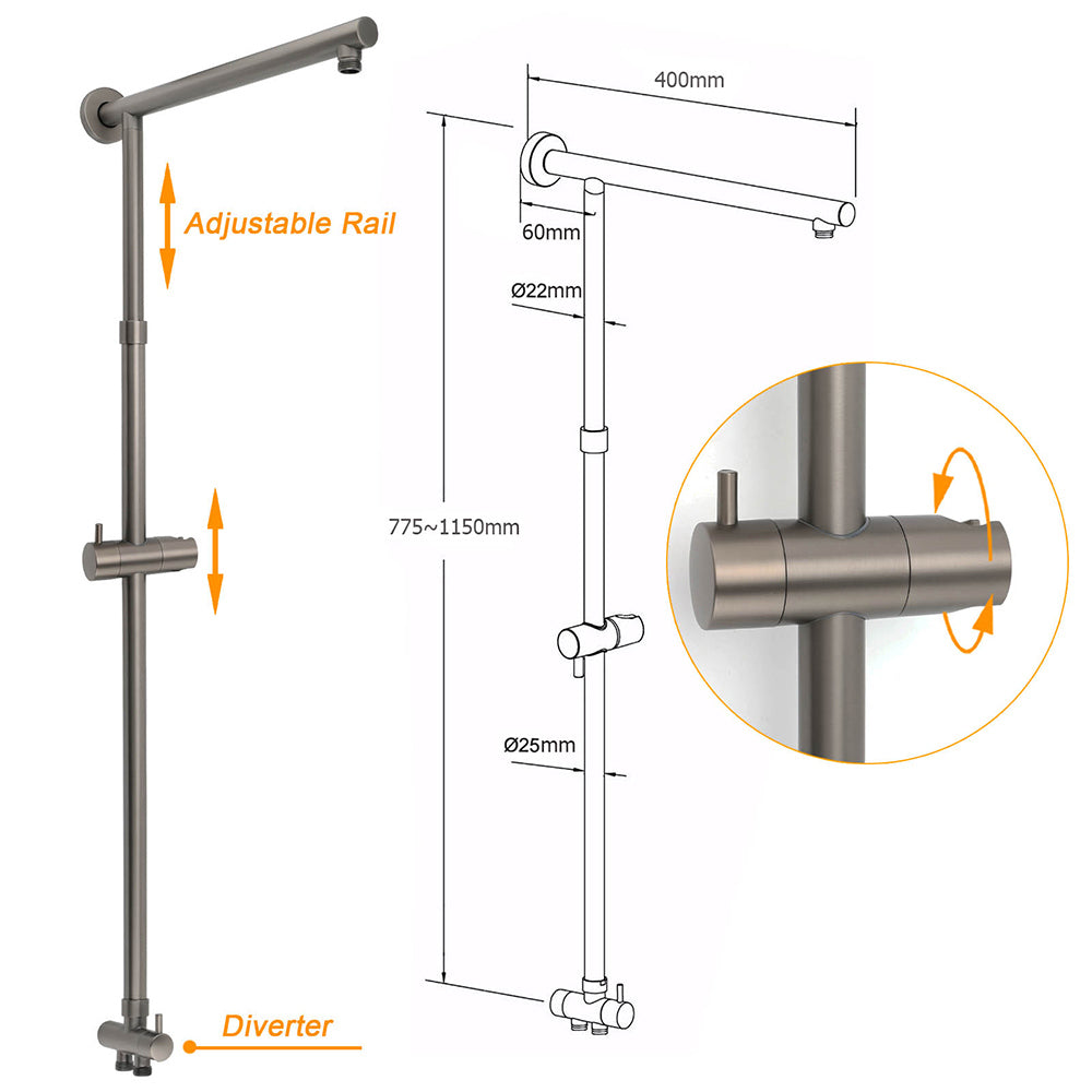 WELS Gun Metal 2in1 Round Shower 10" Rain Head Stngle Mode Handheld Sliding Rail Arm Mixer Set - Image 2