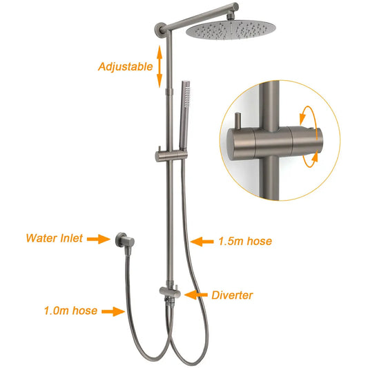 WELS Gun Metal Double Round Shower 10" Rain Head Metal Handheld Sliding Rail Mixer Valve Set - Image 2