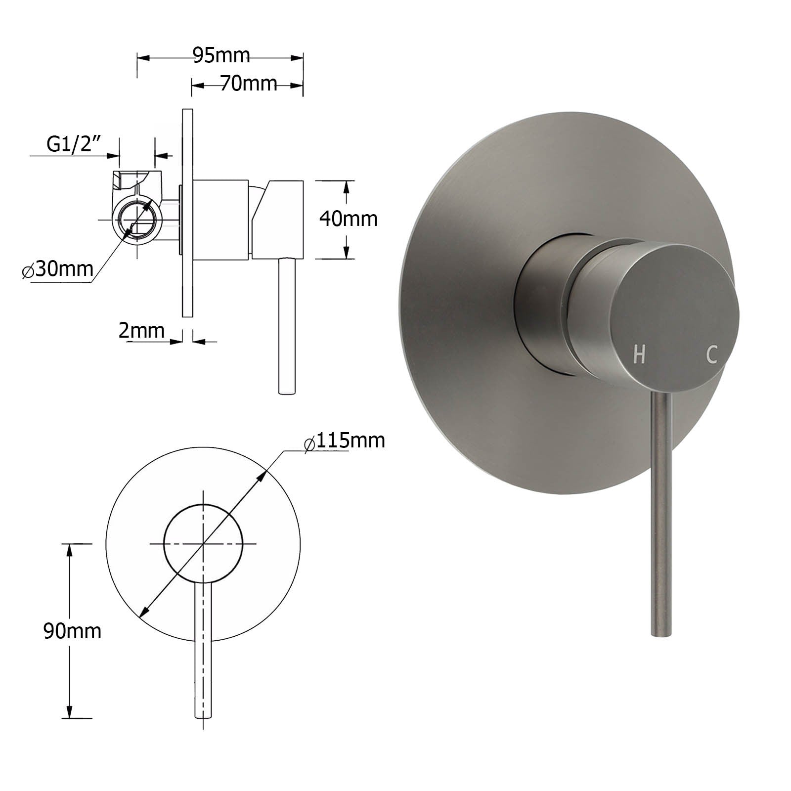 WELS Gun Metal Double Round Shower 10" Rain Head Metal Handheld Sliding Rail Mixer Valve Set - Image 9