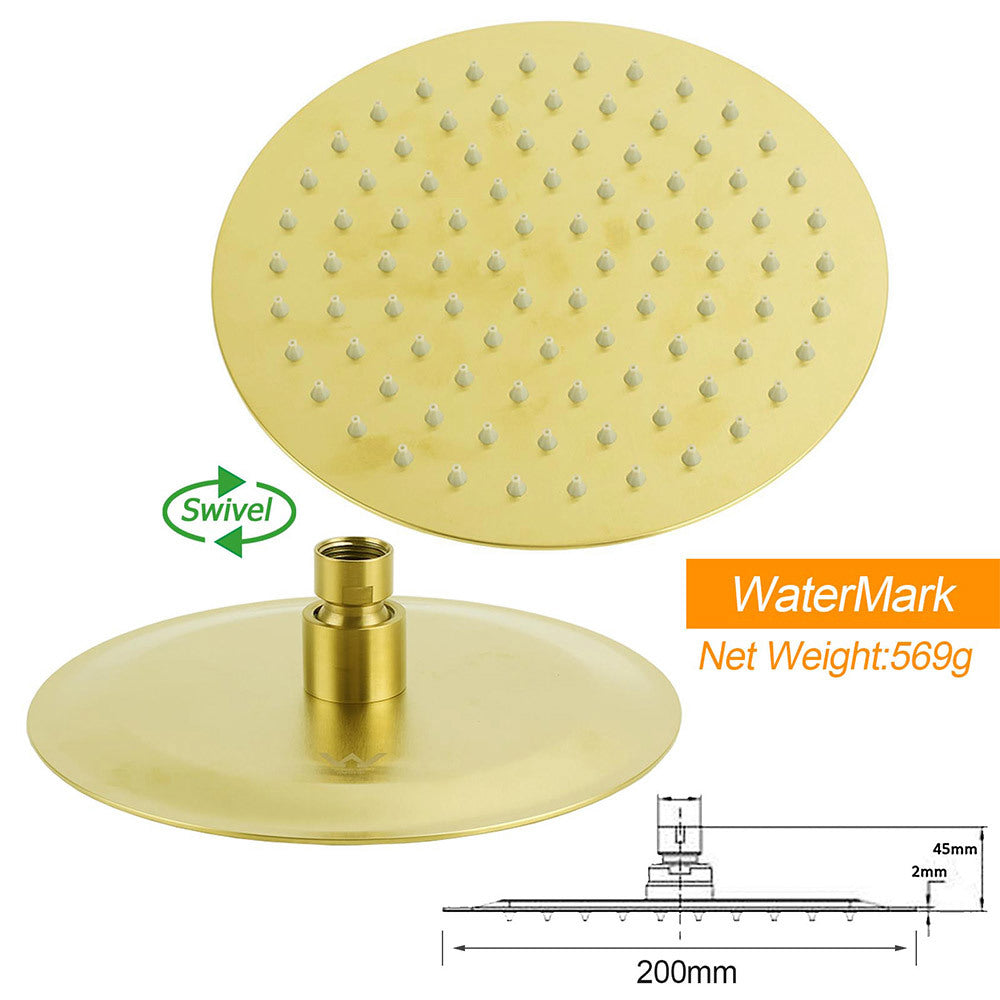 WELS Brushed Gold 2in1 Shower 8" Round Head Set Stainless Steel Handheld Rose Sliding Rail Twin Taps - Image 5