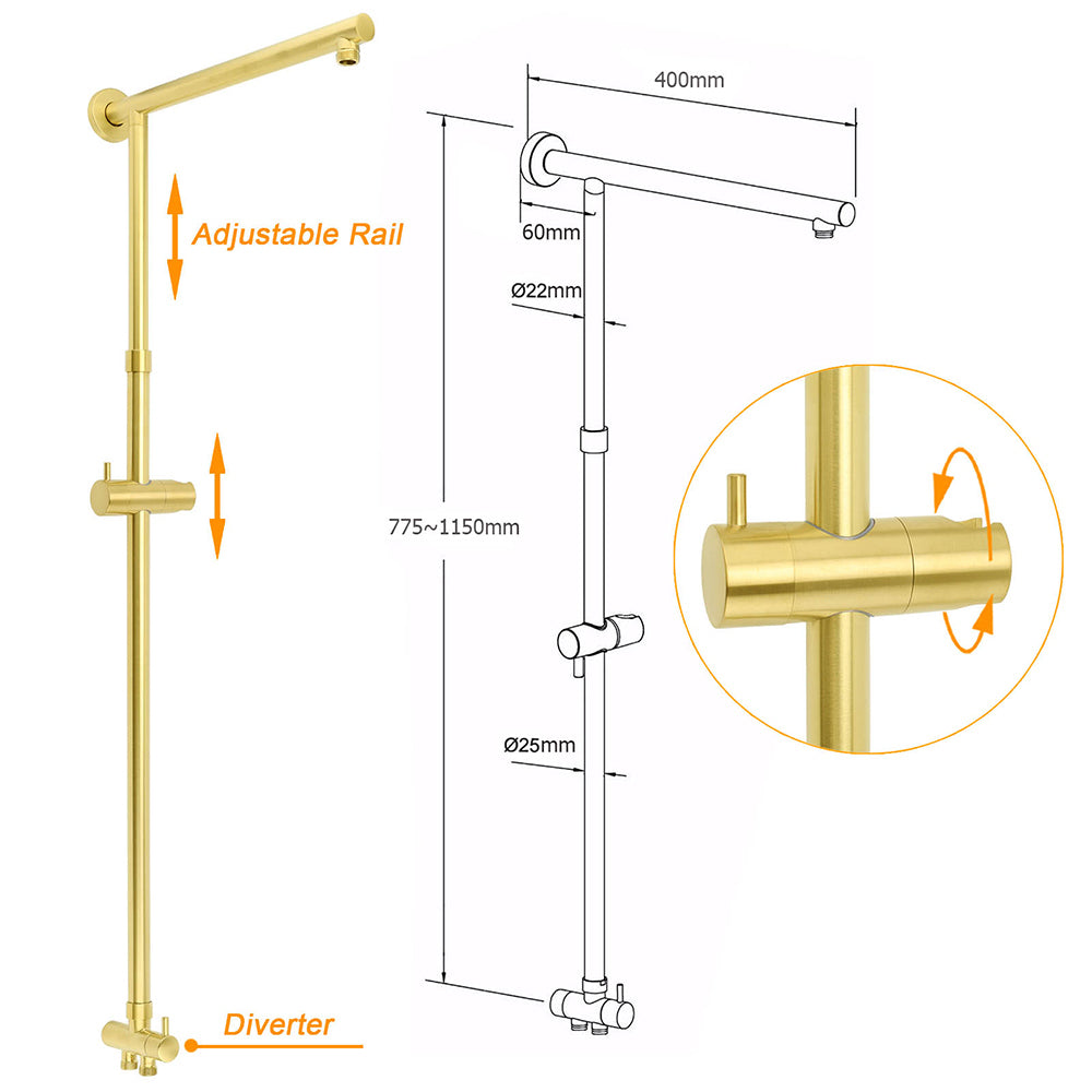 WELS Brushed Gold Shower 8" Round Head Stainless Steel Handheld Rose Sliding Rail Mixer Dual Set - Image 2