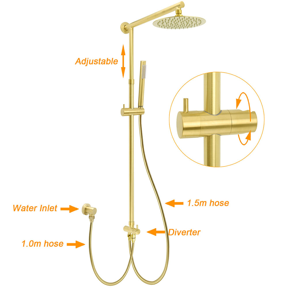 WELS Brushed Gold Shower 8" Round Head Stainless Steel Handheld Rose Sliding Rail Mixer Dual Set - Image 8
