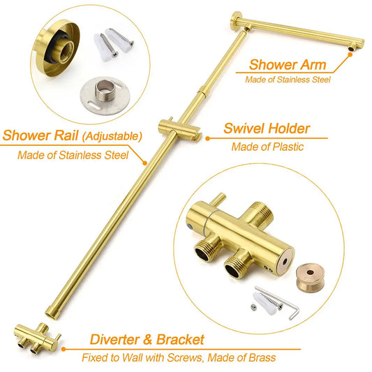 Brushed Gold Twin Shower 8" Round Head Single Mode Handheld Rose Sliding Rail Small Face Mixer Set - Image 4