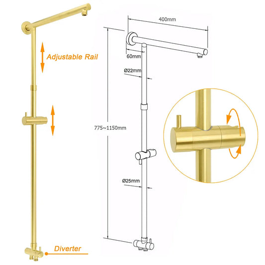 WELS Brushed Gold Large Round Shower 12" Head Single Mode Handheld Rose Sliding Rail Arm Set - Image 3