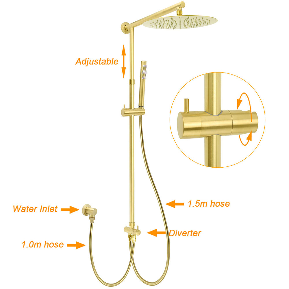 WELS Brushed Gold Round 12" Shower Head Single Mode Handheld Rose Sliding Rail Twin Taps Set - Image 2
