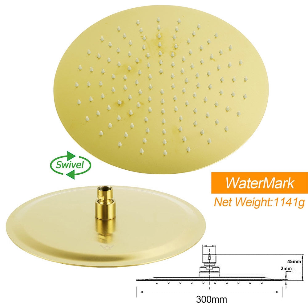 WELS Brushed Gold Round 12" Shower Head Single Mode Handheld Rose Sliding Rail Twin Taps Set - Image 6