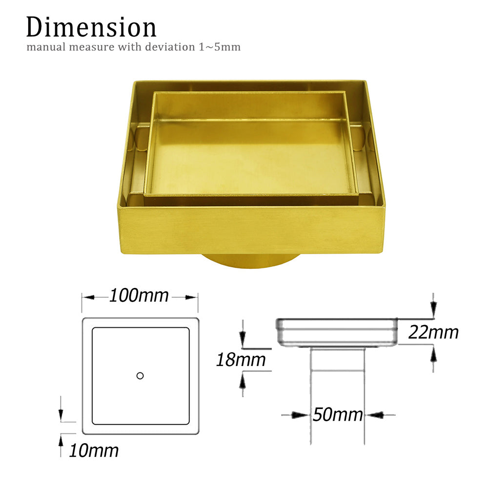 Brushed Gold 100mm Square Tile Insert Floor Drain Tiny Shower Grate 50mm Waste - Image 2