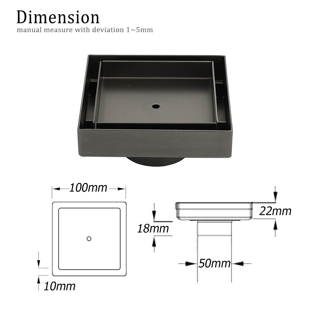 Gun Metal 100mm Square Tile Insert Floor Drain Small Shower Grate 50mm Waste Set - Image 4