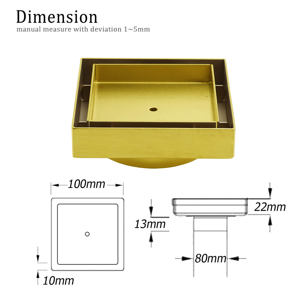 Brushed Gold 100x100mm Tile Insert Floor Drain Square Shower Grate 80mm Waste - Image 2