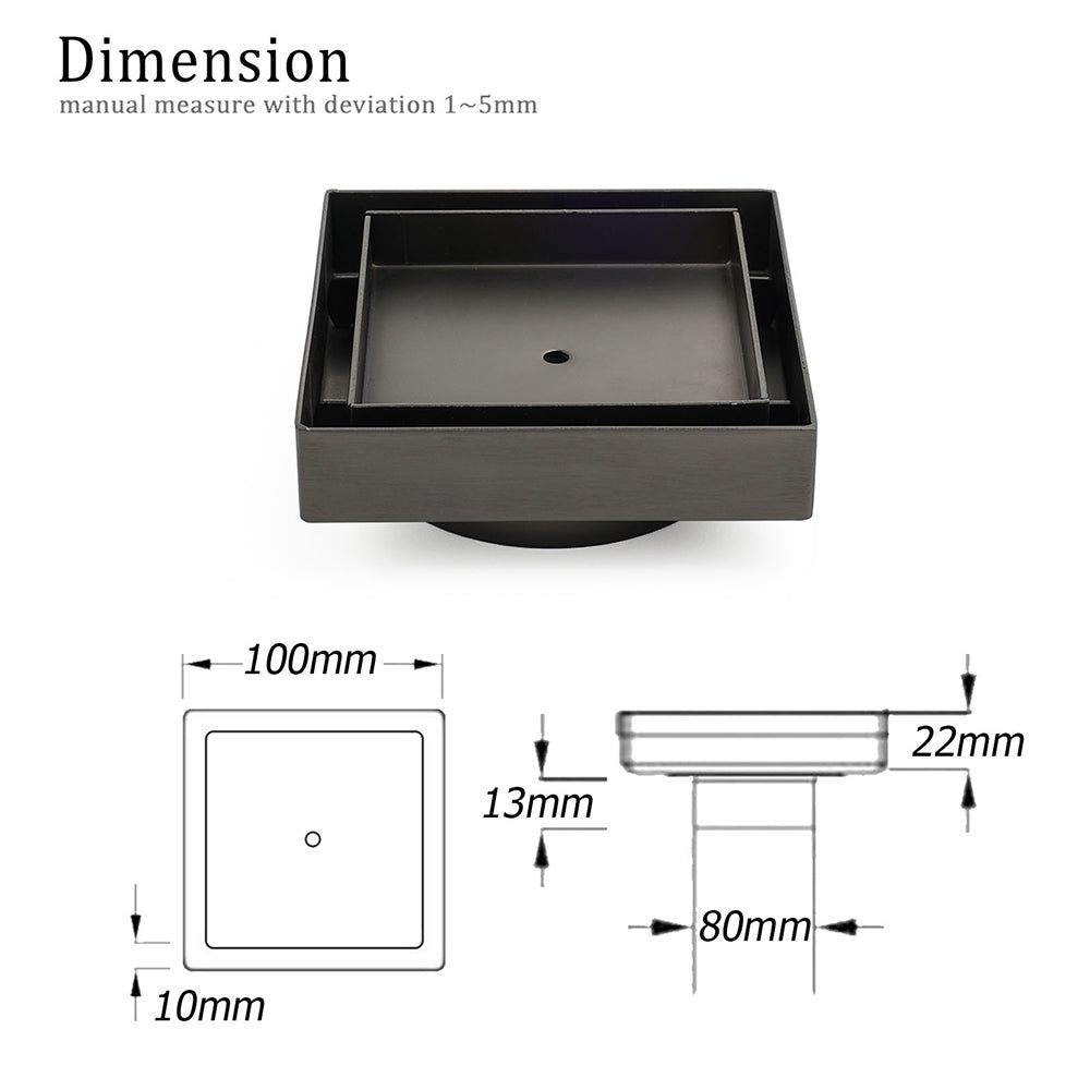 Gun Metal 100x100mm Square Tile Insert Floor Drain Small Shower Grate 80mm Waste - Image 2